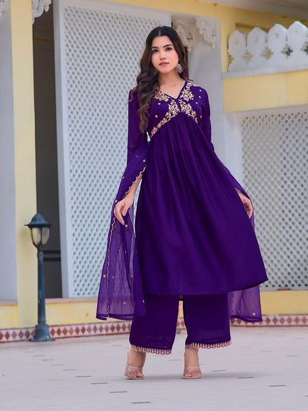 Alia Cut Embroidered Kurta With Pant & Dupatta, Purple - Hiral Fashion