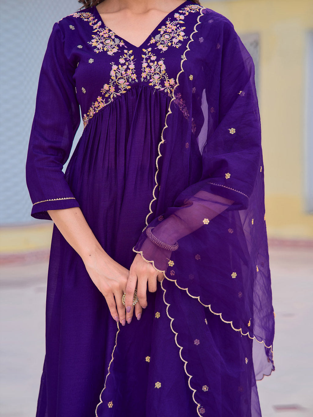 Alia Cut Embroidered Kurta With Pant & Dupatta, Purple - Hiral Fashion - Distacart