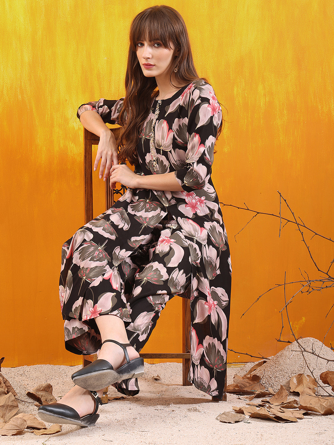 Floral Printed Front Slit Kurta With Palazzo Pant, Black - Hiral Fashion - Distacart