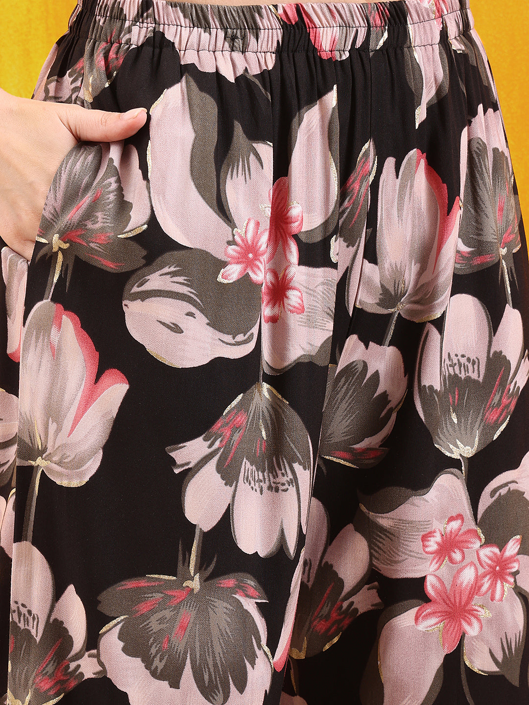 Floral Printed Front Slit Kurta With Palazzo Pant, Black - Hiral Fashion - Distacart
