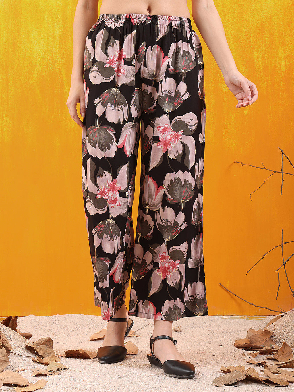 Floral Printed Front Slit Kurta With Palazzo Pant, Black - Hiral Fashion - Distacart