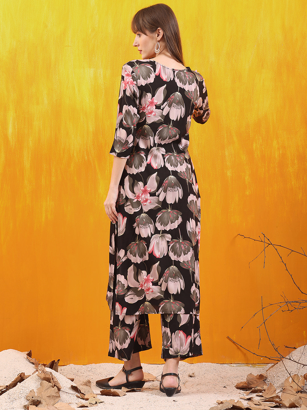 Floral Printed Front Slit Kurta With Palazzo Pant, Black - Hiral Fashion - Distacart
