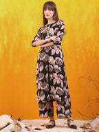 Floral Printed Front Slit Kurta With Palazzo Pant, Black - Hiral Fashion - Distacart