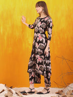 Floral Printed Front Slit Kurta With Palazzo Pant, Black - Hiral Fashion - Distacart
