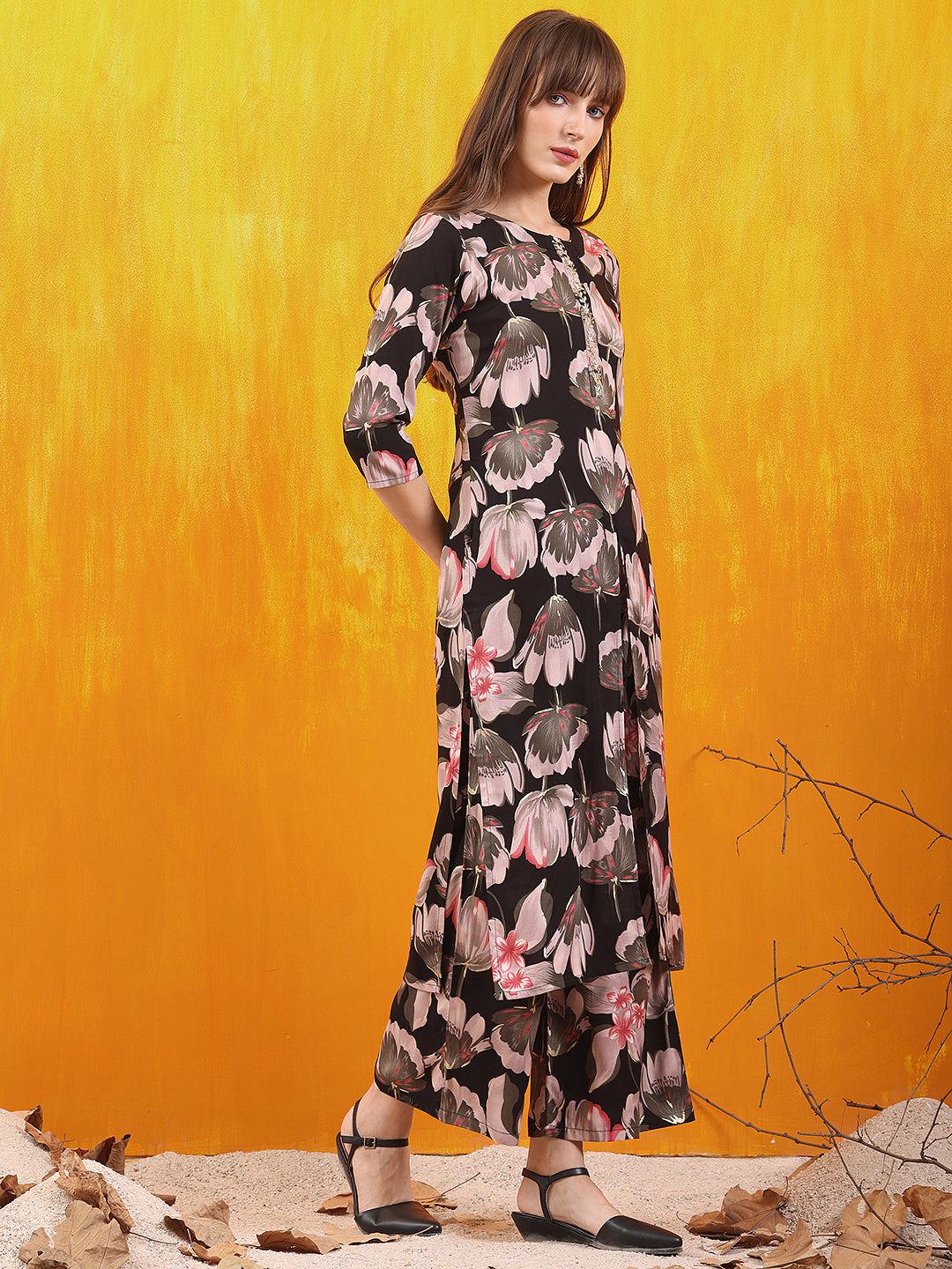 Floral Printed Front Slit Kurta With Palazzo Pant, Black - Hiral Fashion - Distacart