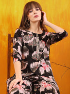 Floral Printed Front Slit Kurta With Palazzo Pant, Black - Hiral Fashion - Distacart