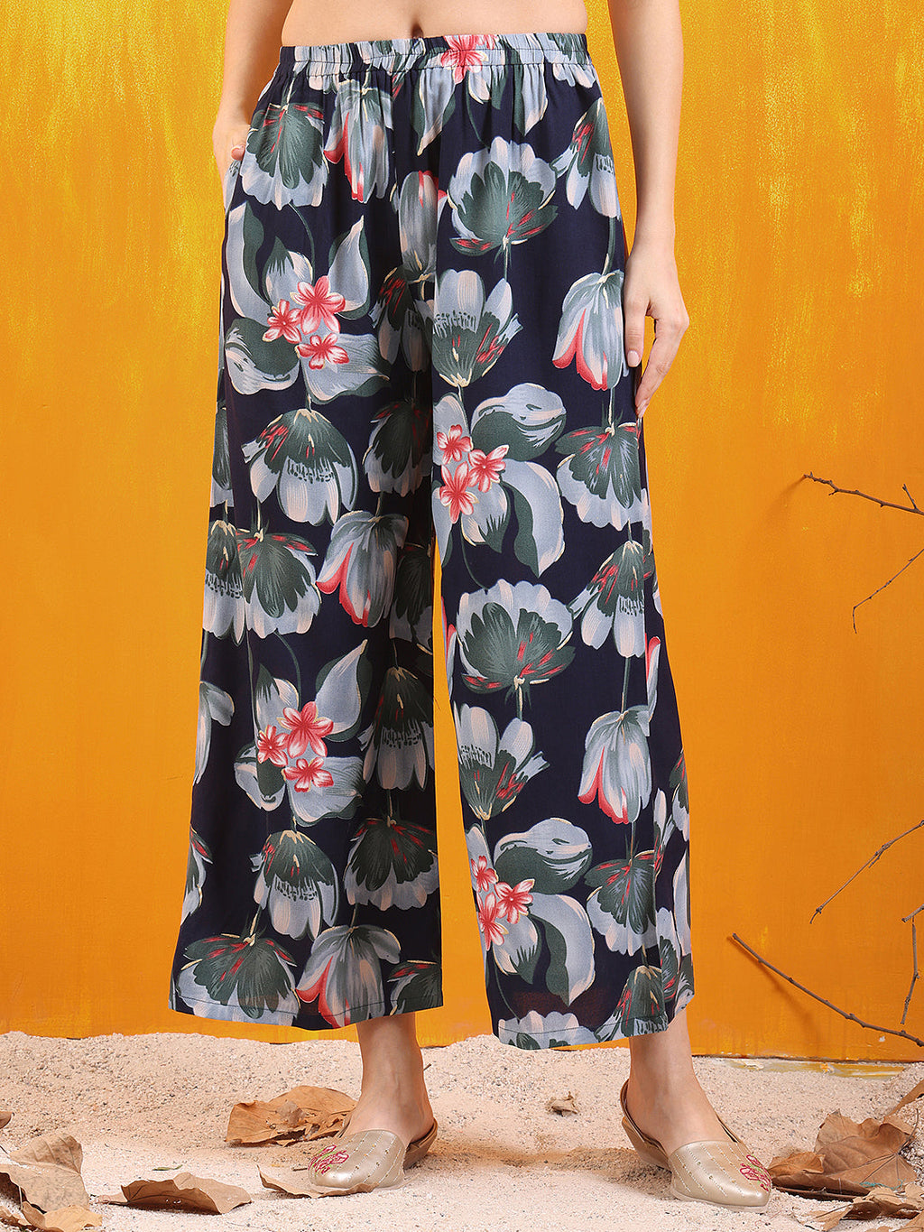 Floral Printed Front Slit Kurta With Palazzo Pant, Navy Blue - Hiral Fashion - Distacart