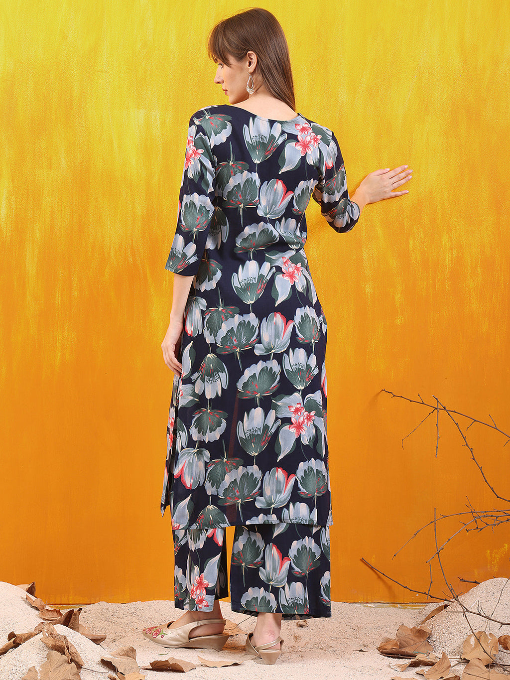Floral Printed Front Slit Kurta With Palazzo Pant, Navy Blue - Hiral Fashion - Distacart