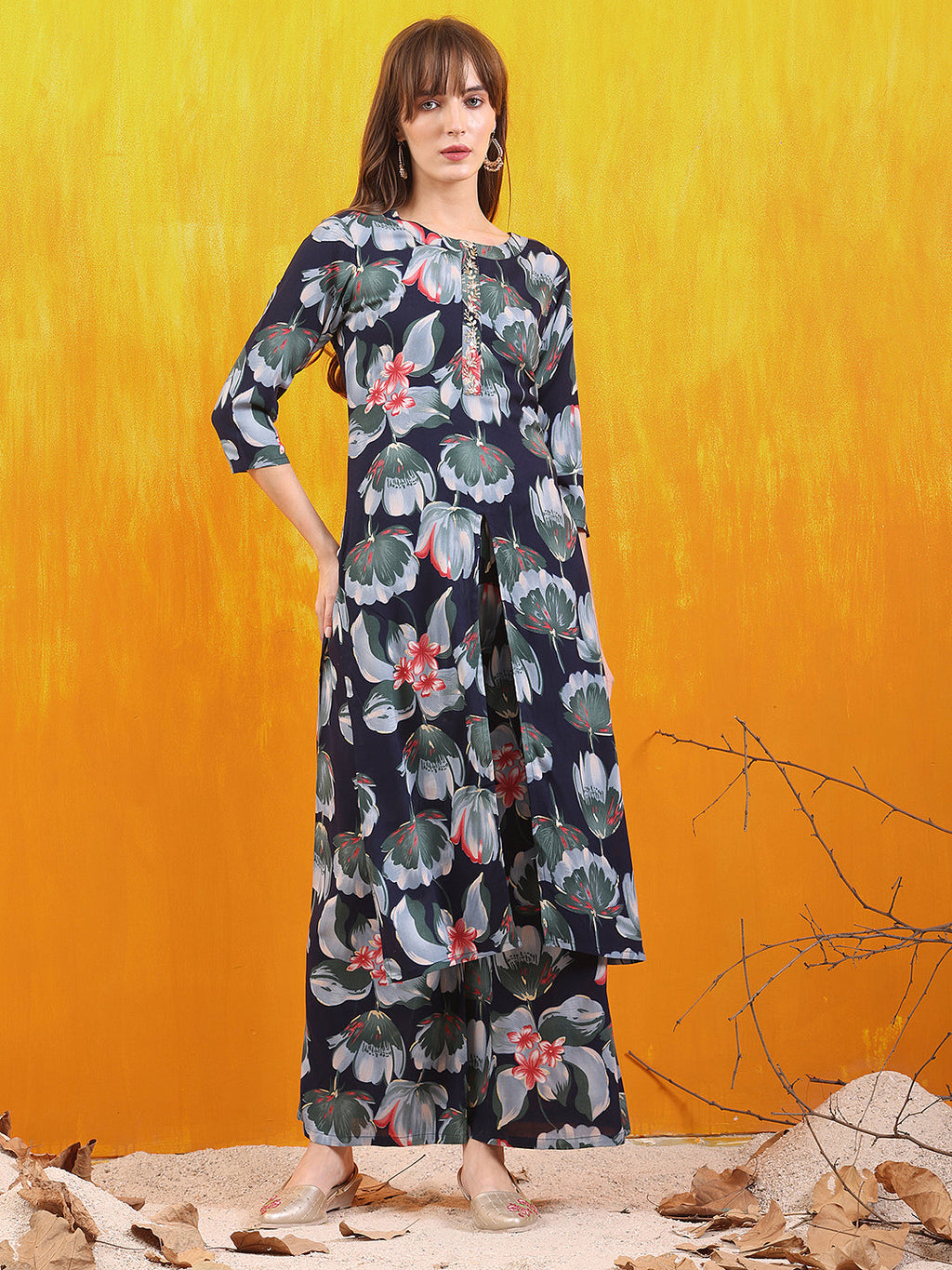 Floral Printed Front Slit Kurta With Palazzo Pant, Navy Blue - Hiral Fashion - Distacart