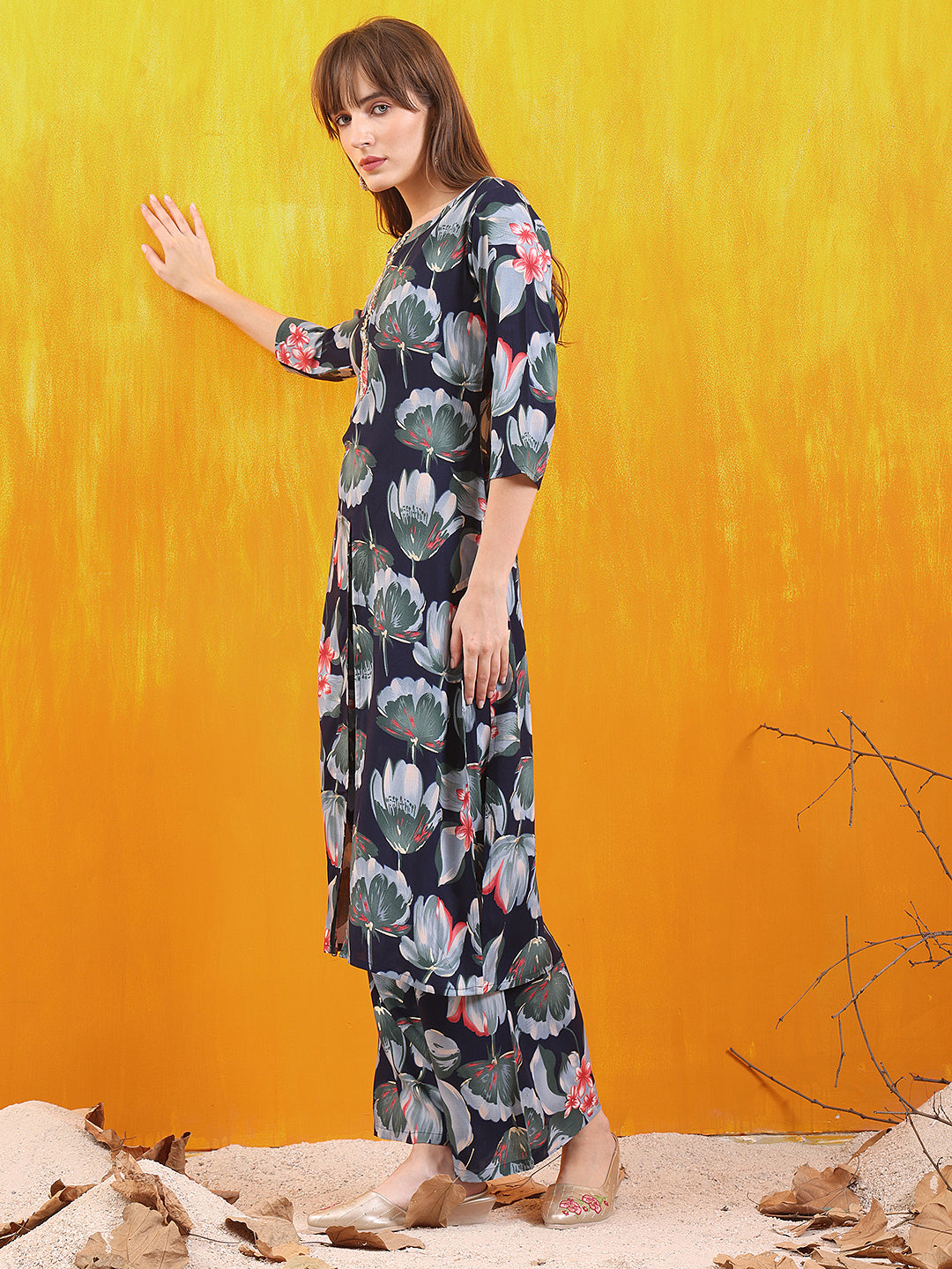 Floral Printed Front Slit Kurta With Palazzo Pant, Navy Blue - Hiral Fashion - Distacart