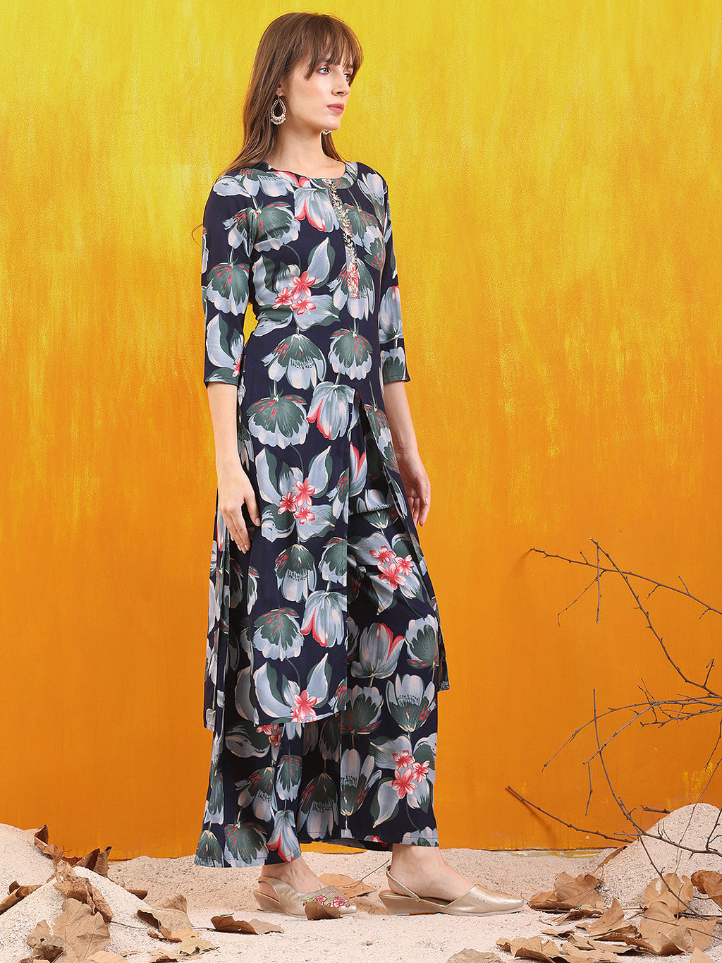 Floral Printed Front Slit Kurta With Palazzo Pant, Navy Blue - Hiral Fashion - Distacart