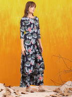 Floral Printed Front Slit Kurta With Palazzo Pant, Navy Blue - Hiral Fashion - Distacart