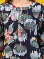 Floral Printed Front Slit Kurta With Palazzo Pant, Navy Blue - Hiral Fashion - Distacart