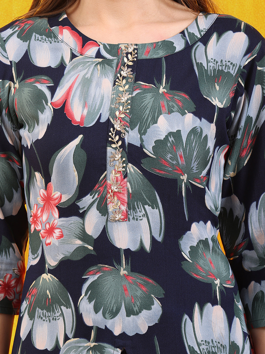Floral Printed Front Slit Kurta With Palazzo Pant, Navy Blue - Hiral Fashion - Distacart
