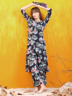 Floral Printed Front Slit Kurta With Palazzo Pant, Navy Blue - Hiral Fashion - Distacart