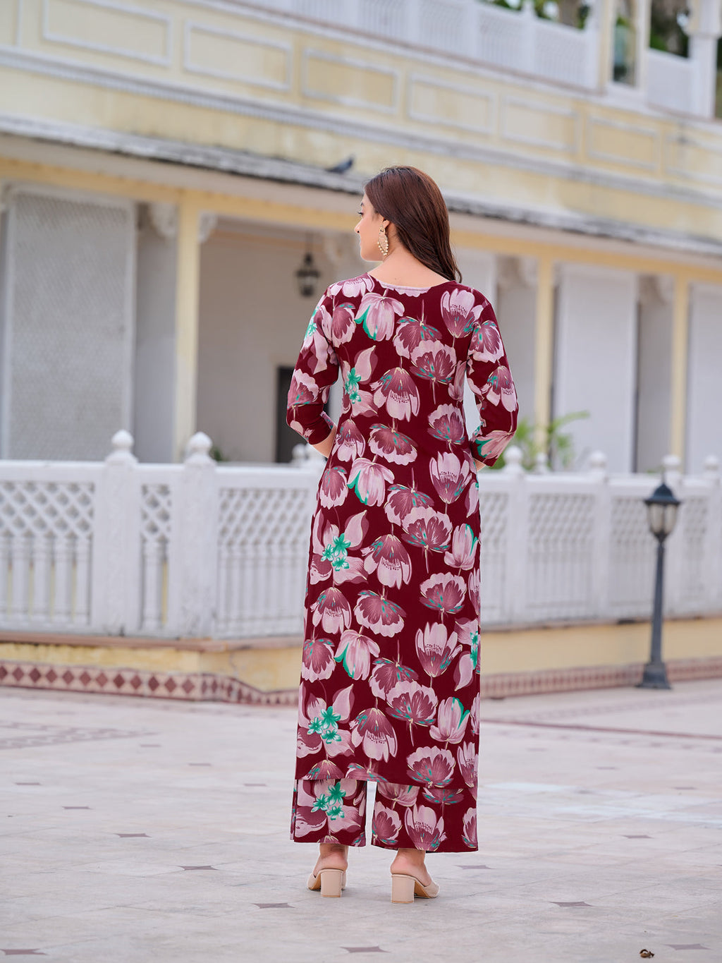 Floral Printed Front Slit Kurta With Palazzo Pant, Purple - Hiral Fashion - Distacart
