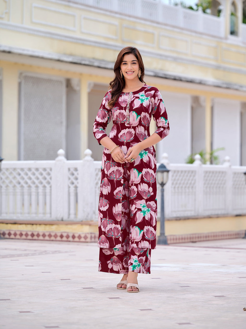 Floral Printed Front Slit Kurta With Palazzo Pant, Purple - Hiral Fashion - Distacart