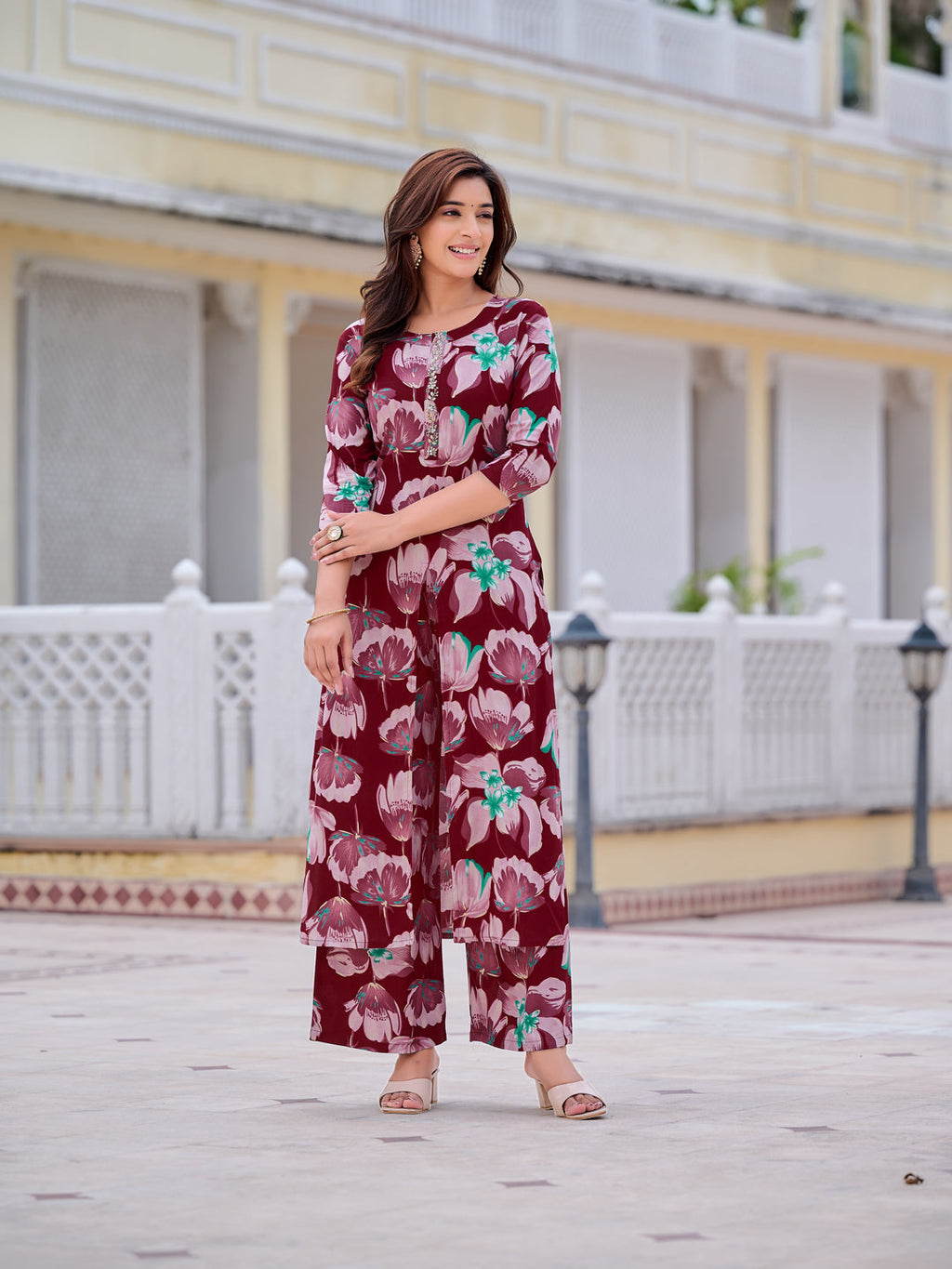 Floral Printed Front Slit Kurta With Palazzo Pant, Purple - Hiral Fashion - Distacart