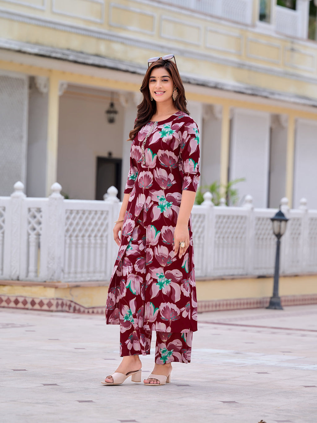 Floral Printed Front Slit Kurta With Palazzo Pant, Purple - Hiral Fashion - Distacart