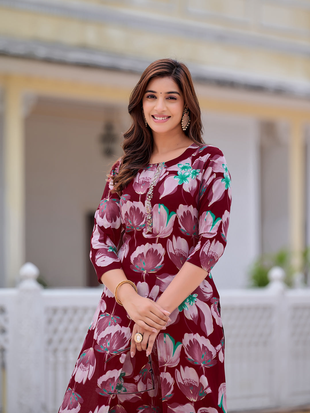 Floral Printed Front Slit Kurta With Palazzo Pant, Purple - Hiral Fashion - Distacart
