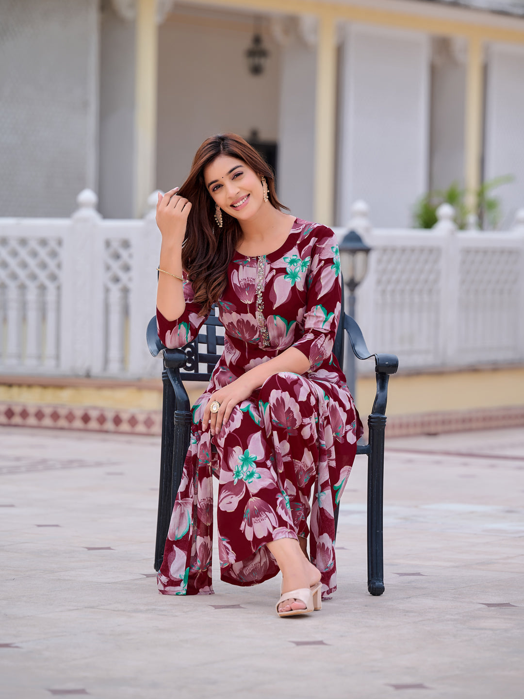 Floral Printed Front Slit Kurta With Palazzo Pant, Purple - Hiral Fashion - Distacart