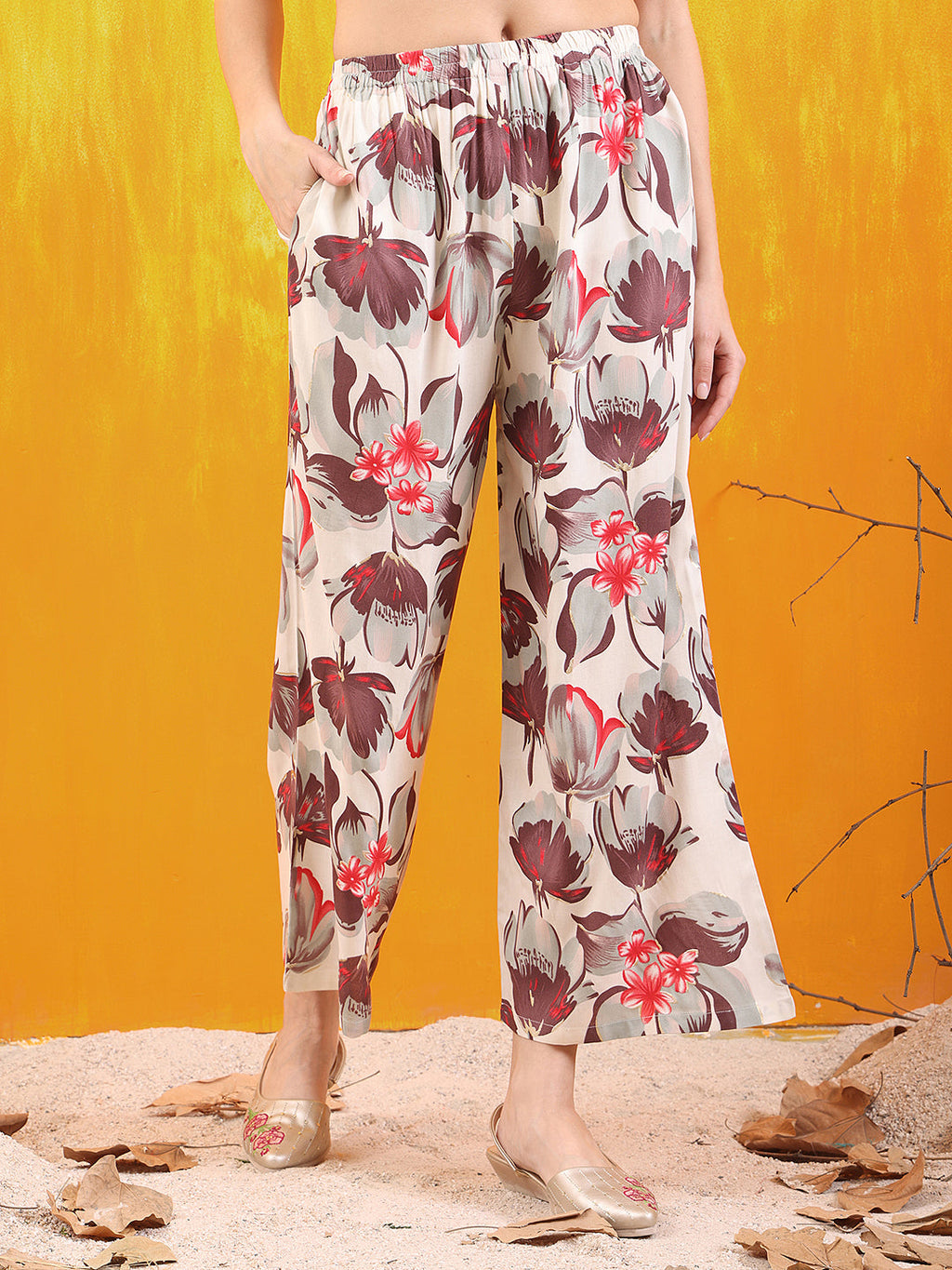 Floral Printed Front Slit Kurta With Palazzo Pant, White - Hiral Fashion - Distacart
