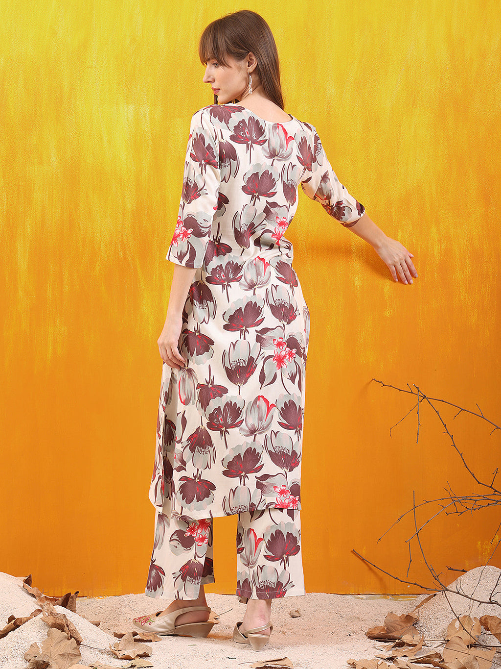 Floral Printed Front Slit Kurta With Palazzo Pant, White - Hiral Fashion - Distacart