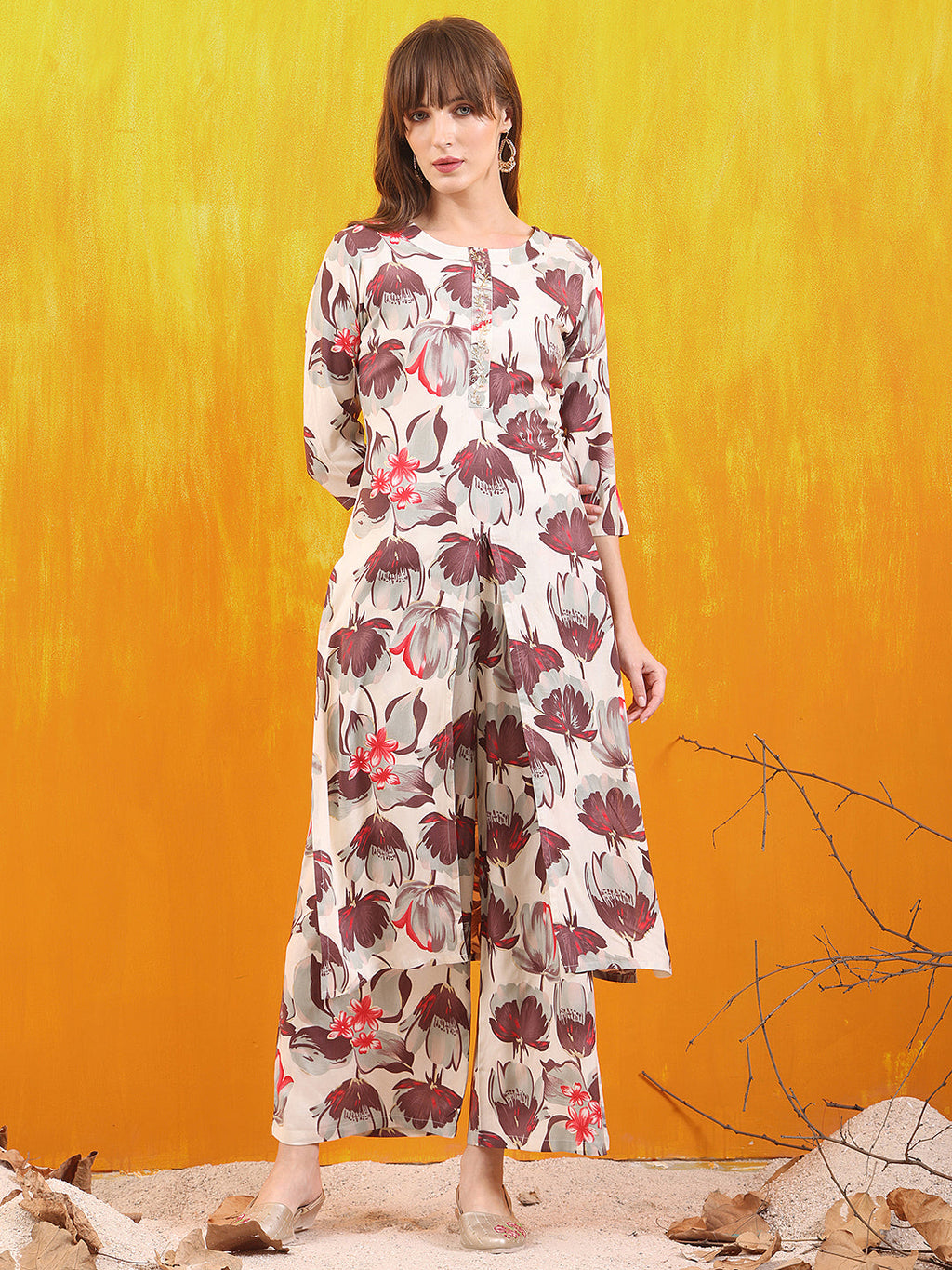 Floral Printed Front Slit Kurta With Palazzo Pant, White - Hiral Fashion - Distacart