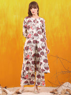Floral Printed Front Slit Kurta With Palazzo Pant, White - Hiral Fashion - Distacart
