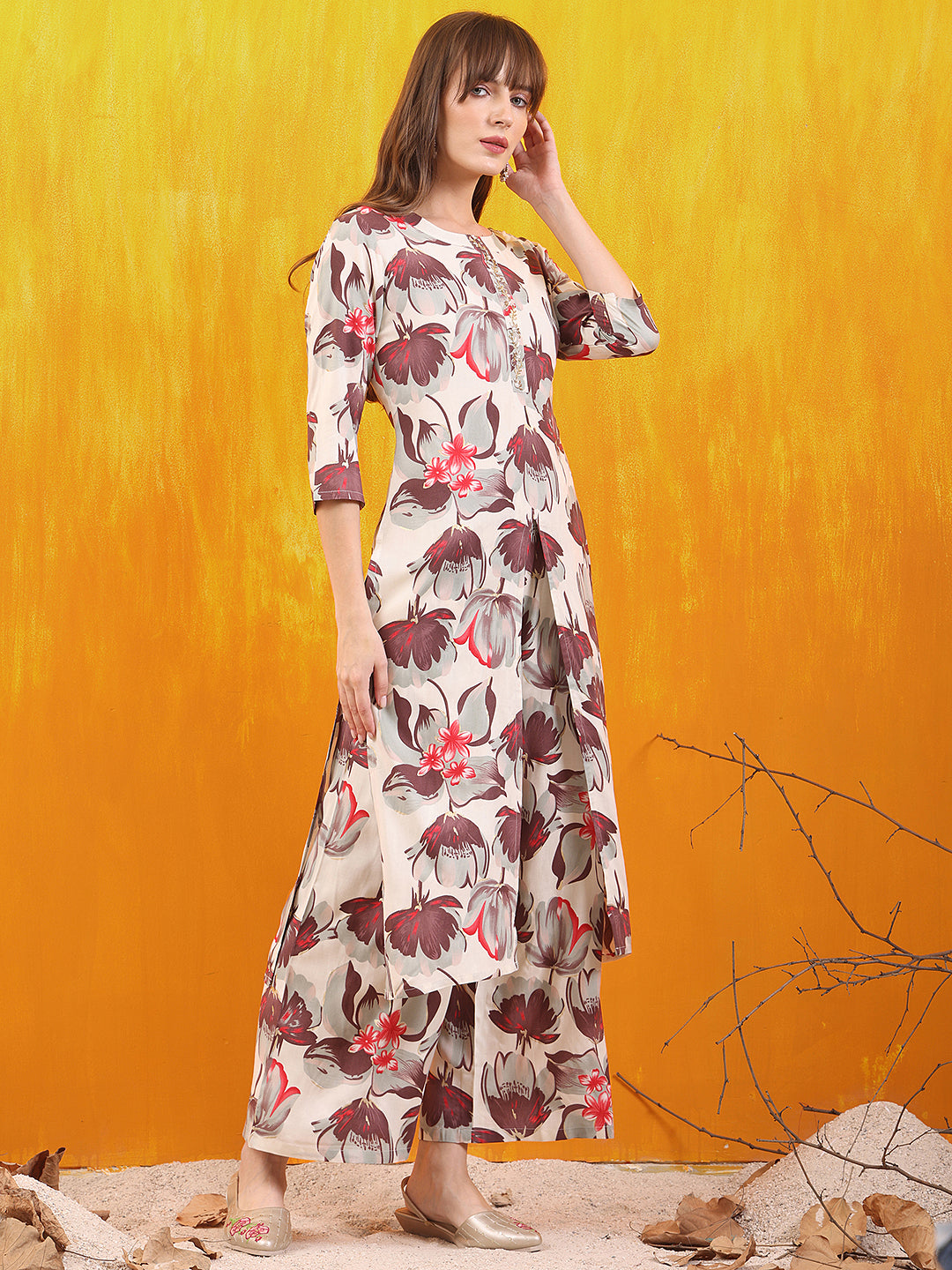 Floral Printed Front Slit Kurta With Palazzo Pant, White - Hiral Fashion - Distacart