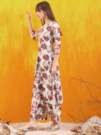 Floral Printed Front Slit Kurta With Palazzo Pant, White - Hiral Fashion - Distacart