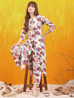Floral Printed Front Slit Kurta With Palazzo Pant, White - Hiral Fashion - Distacart