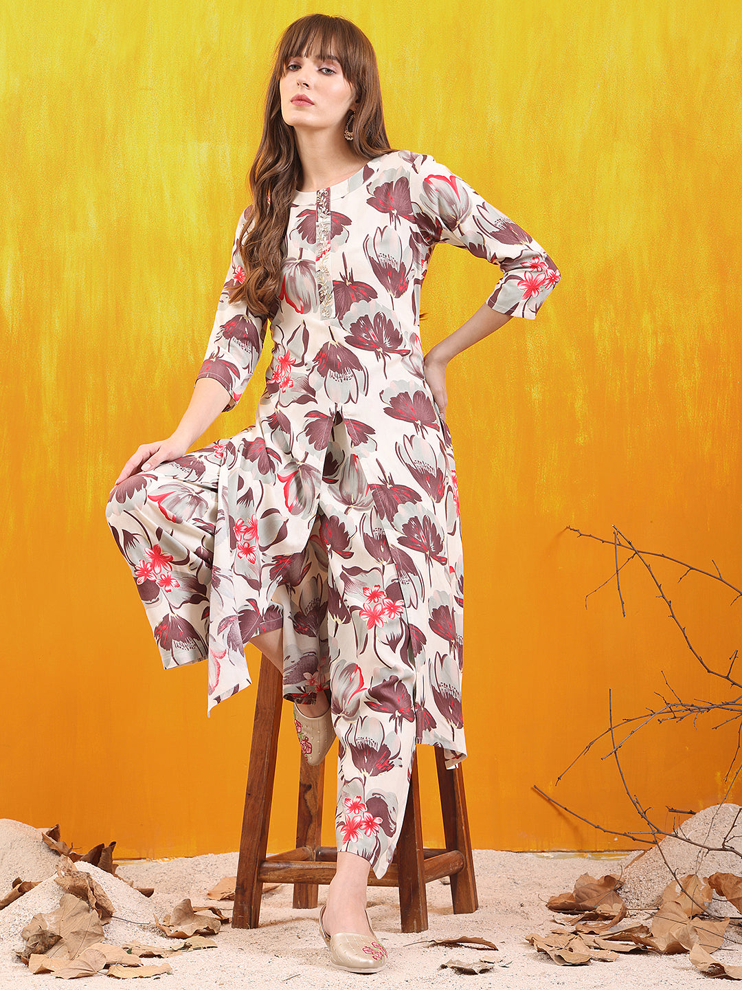 Floral Printed Front Slit Kurta With Palazzo Pant, White - Hiral Fashion - Distacart