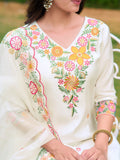 Embroidered Kurta With Pant & Organza Embroidered Dupatta, White - Hiral Fashion - Distacart