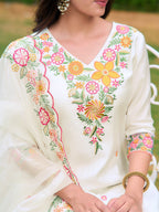 Embroidered Kurta With Pant & Organza Embroidered Dupatta, White - Hiral Fashion - Distacart