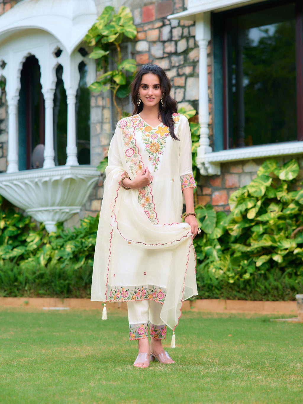 Embroidered Kurta With Pant & Organza Embroidered Dupatta, White - Hiral Fashion - Distacart