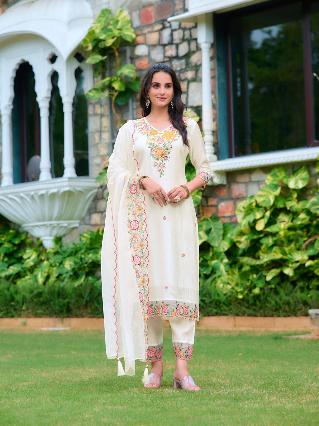 Embroidered Kurta With Pant & Organza Embroidered Dupatta, White - Hiral Fashion - Distacart