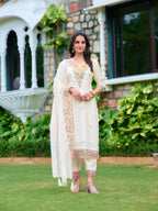 Embroidered Kurta With Pant & Organza Embroidered Dupatta, White - Hiral Fashion - Distacart