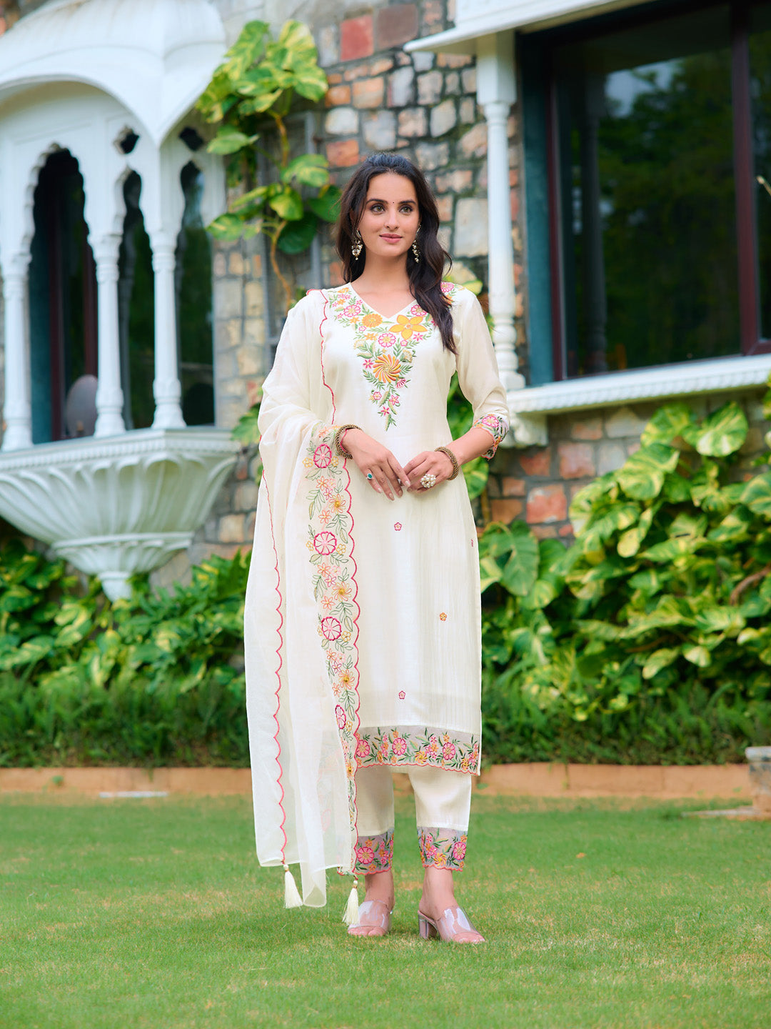 Embroidered Kurta With Pant & Organza Embroidered Dupatta, White - Hiral Fashion - Distacart