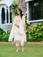 Embroidered Kurta With Pant & Organza Embroidered Dupatta, White - Hiral Fashion - Distacart