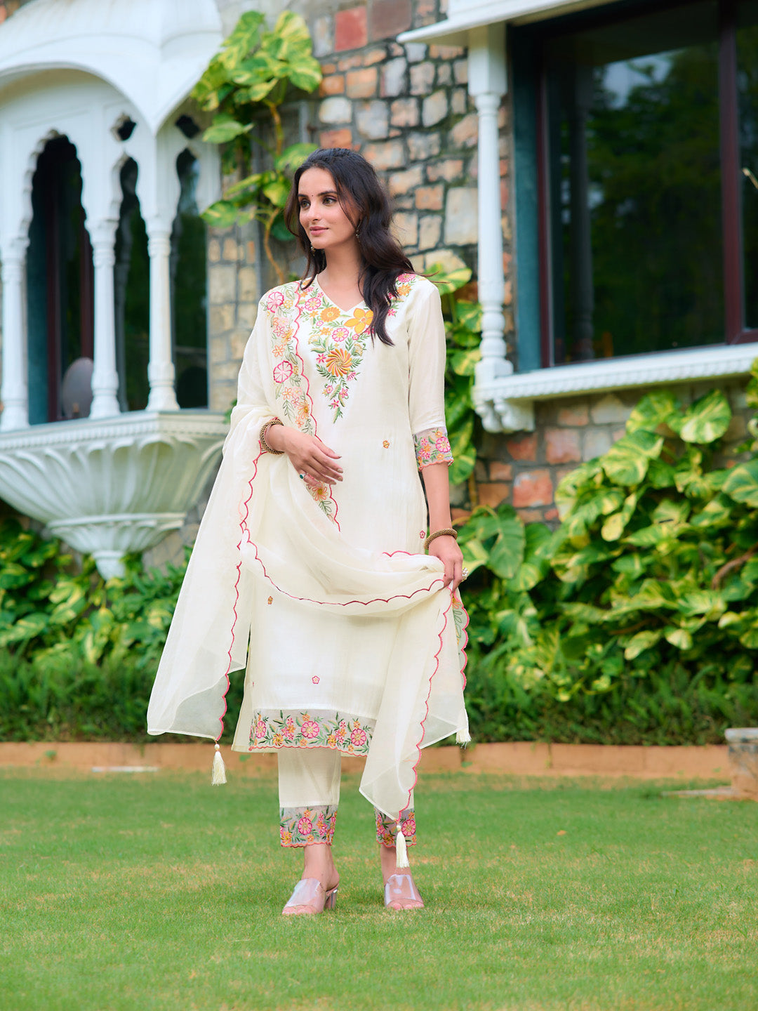 Embroidered Kurta With Pant & Organza Embroidered Dupatta, White - Hiral Fashion - Distacart