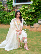 Embroidered Kurta With Pant & Organza Embroidered Dupatta, White - Hiral Fashion - Distacart