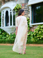 Embroidered Kurta With Pant & Organza Embroidered Dupatta, White - Hiral Fashion - Distacart
