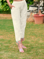 Embroidered Kurta With Pant & Organza Embroidered Dupatta, White - Hiral Fashion - Distacart