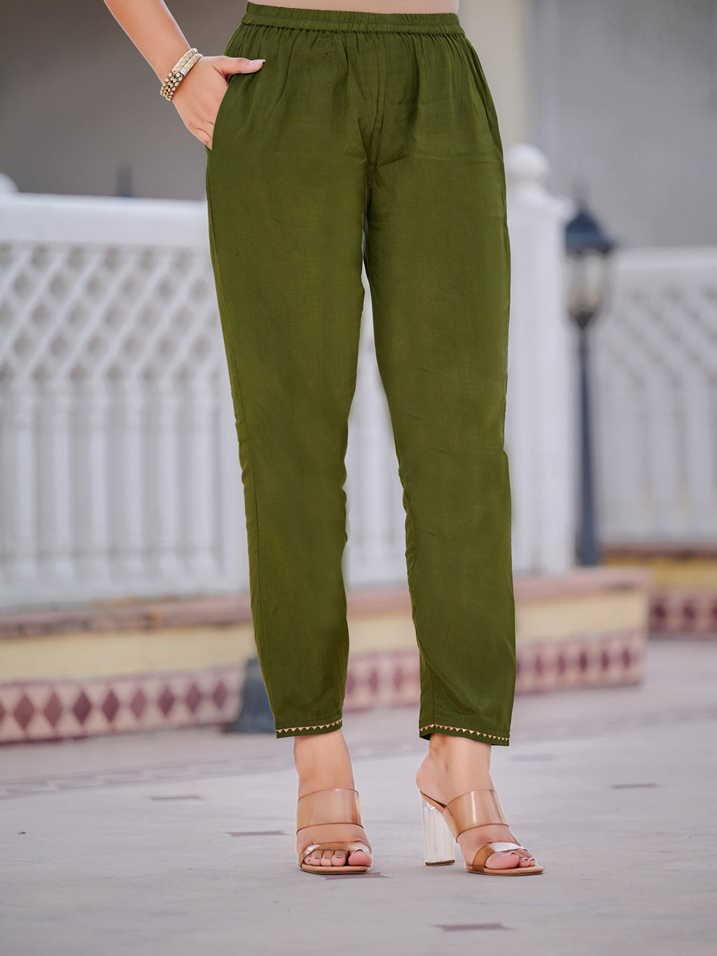 Pure Banarasi Jacquard Hand Embroidered Kurta With Pant & Banarasi Jacquard Dupatta, Green - Hiral Fashion - Distacart