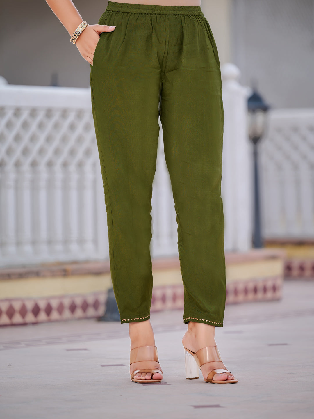 Pure Banarasi Jacquard Hand Embroidered Kurta With Pant & Banarasi Jacquard Dupatta, Green - Hiral Fashion - Distacart