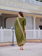 Pure Banarasi Jacquard Hand Embroidered Kurta With Pant & Banarasi Jacquard Dupatta, Green - Hiral Fashion - Distacart