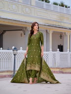 Pure Banarasi Jacquard Hand Embroidered Kurta With Pant & Banarasi Jacquard Dupatta, Green - Hiral Fashion - Distacart