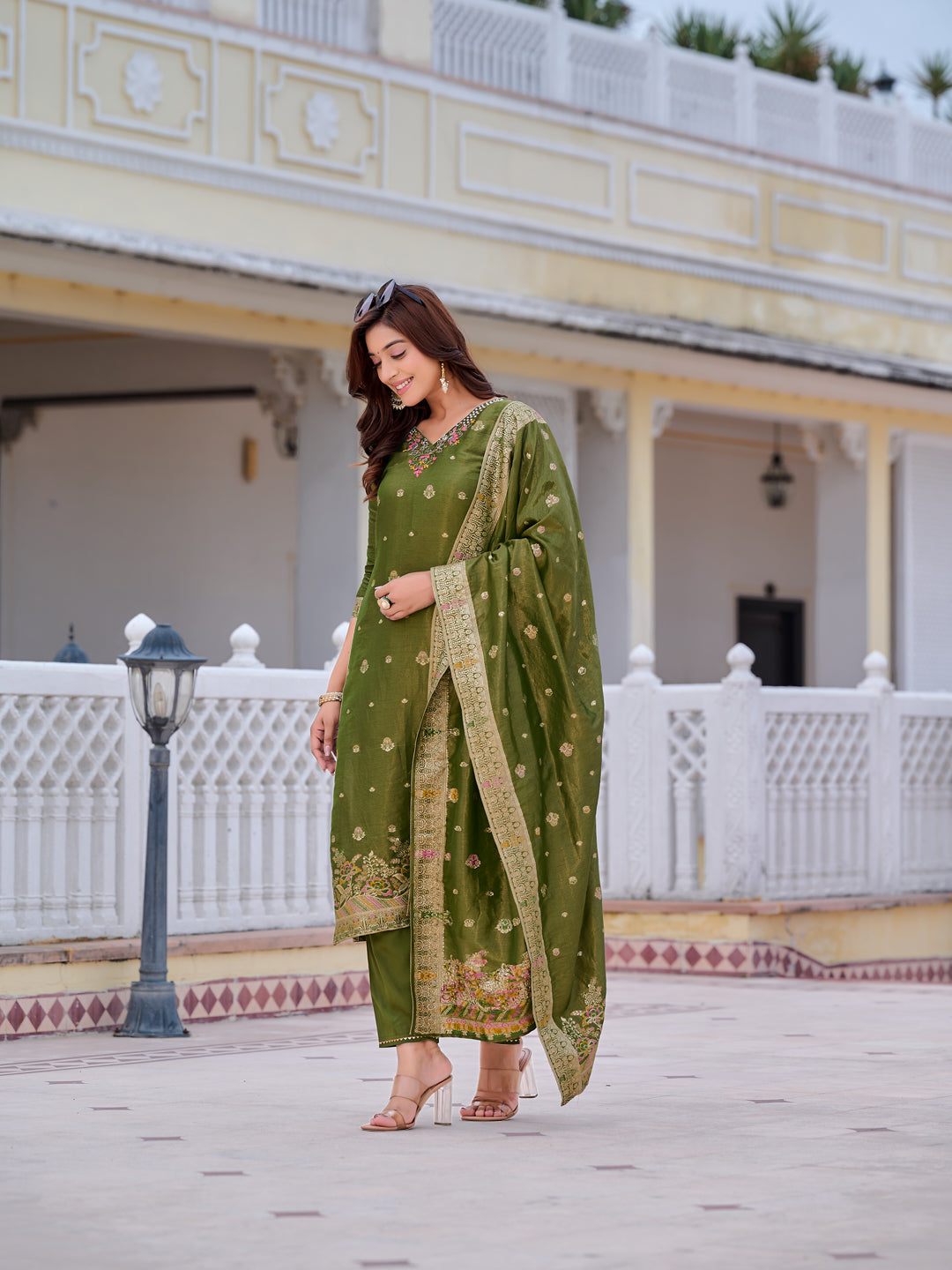 Pure Banarasi Jacquard Hand Embroidered Kurta With Pant & Banarasi Jacquard Dupatta, Green - Hiral Fashion - Distacart