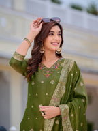 Pure Banarasi Jacquard Hand Embroidered Kurta With Pant & Banarasi Jacquard Dupatta, Green - Hiral Fashion - Distacart